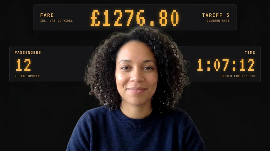 A simulated video call with a Meet Counter meeting-cost background.